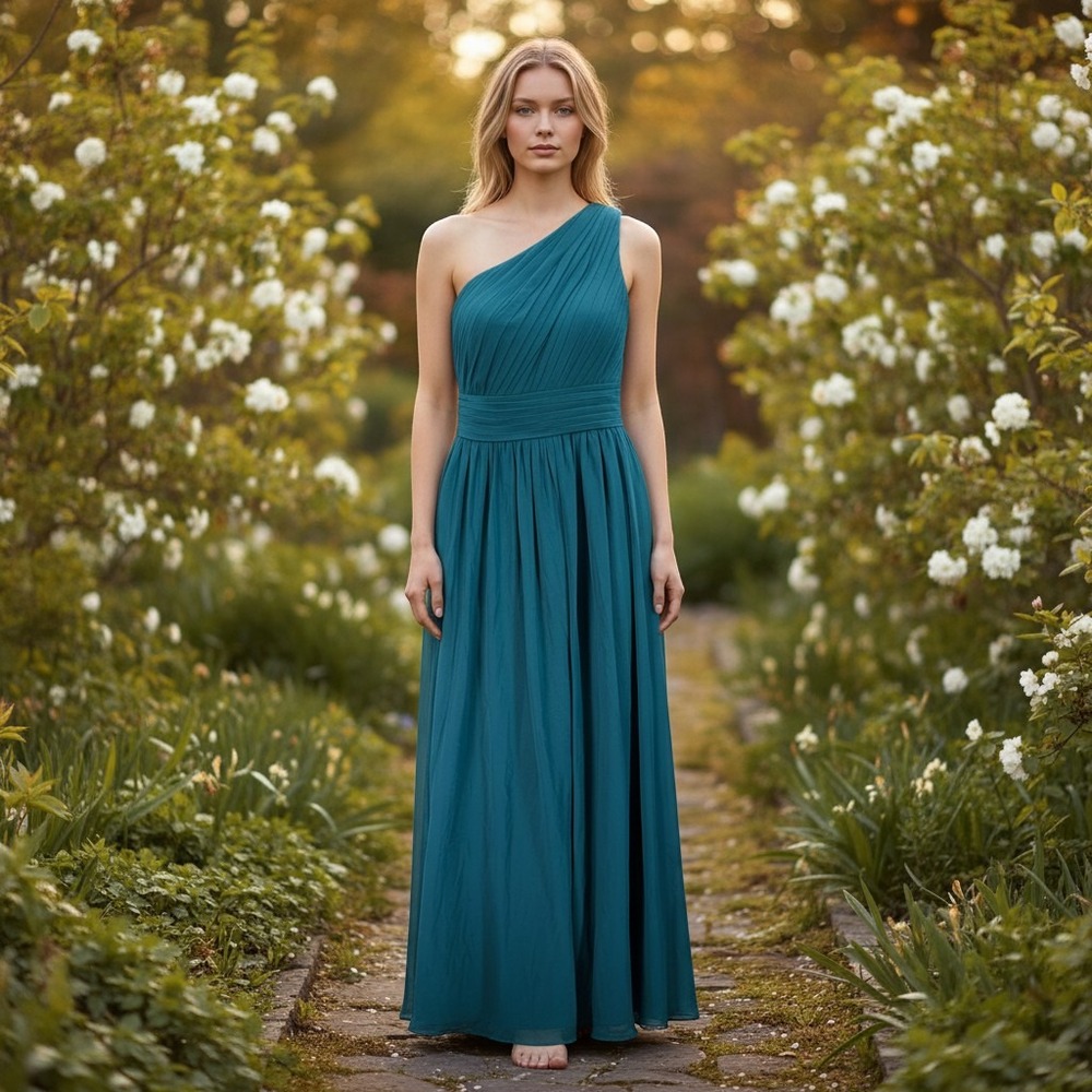 Azazie One Shoulder Maxi Dress Womens Teal Blue Formal Bridesmaid Gown